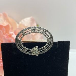 Vintage Sterling Marcasite Brooch with rhinestones